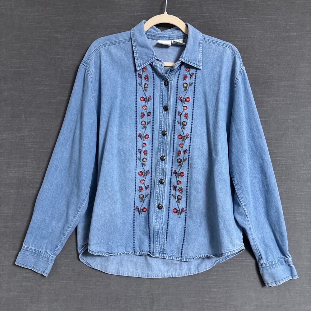 Vintage two twenty Top Medium Blue Cotton Embroidered Floral Denim Button Shirt